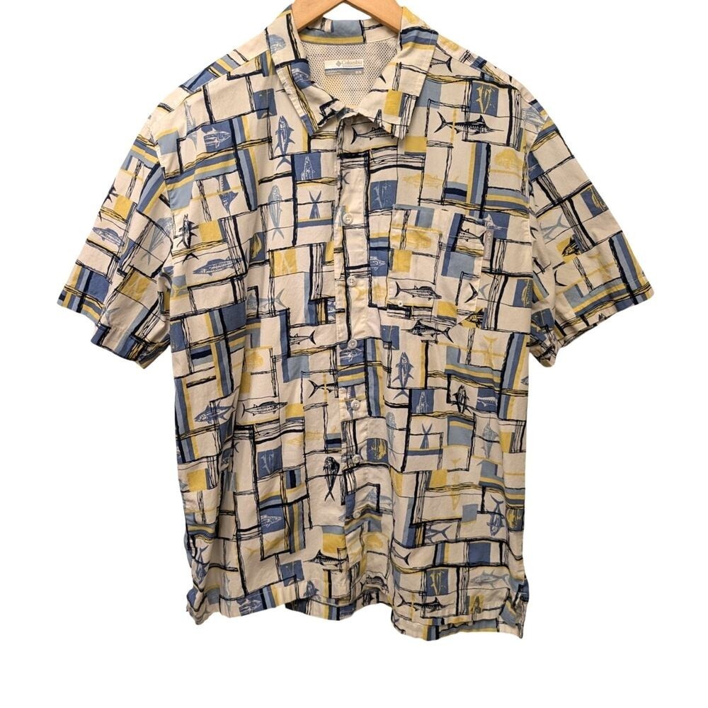 Columbia  PFG Short Sleeve Shirt Top Fish‎ Marlin Print Vented Back Fishing